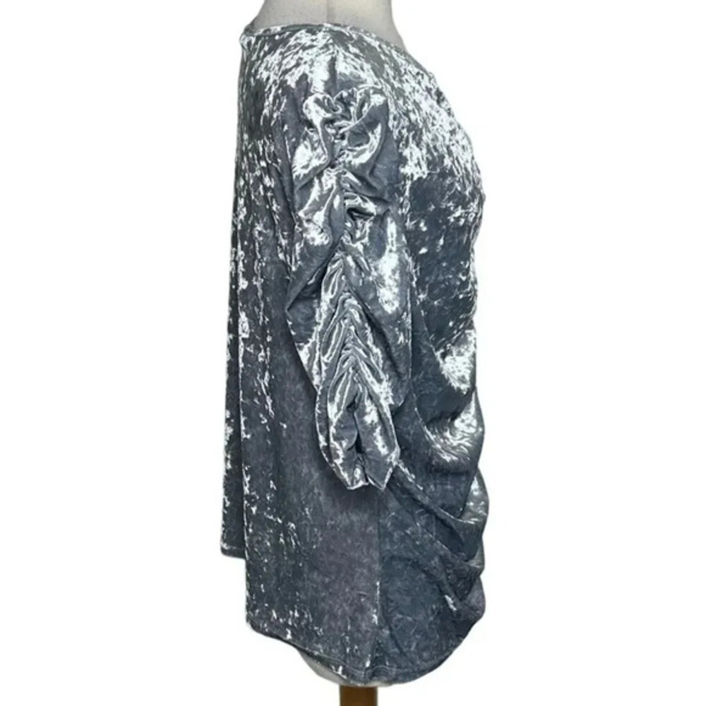 Boston Proper Top XL Silver Crushed Velvet Ruched Front Split Neck Elbow Sleeve - Picture 5 of 9